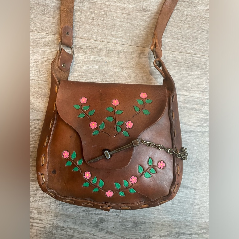 Vintage leather boho hippie floral tooled bag